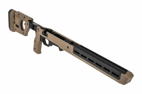 The Magpul Pro 700 FDE rifle chassis features the fixed stock configuration for short actions